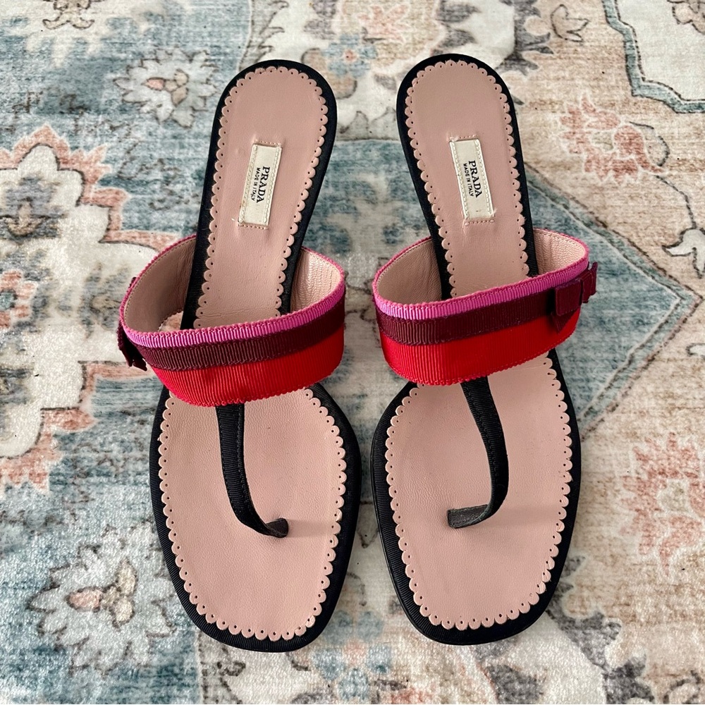 Prada Red and Pink Y2K Soft Girl Kitten Heel Sandals